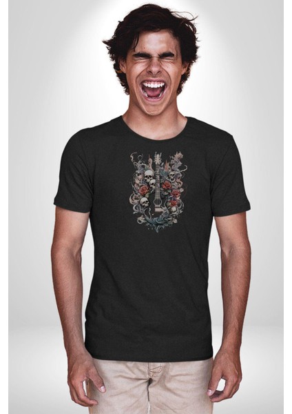 Gitar Kafatası Güller Doğa Uyumu Kadın Erkek Unisex Siyah Organik Baskılı T-Shirt Penye Yüksek Kalite modelleri