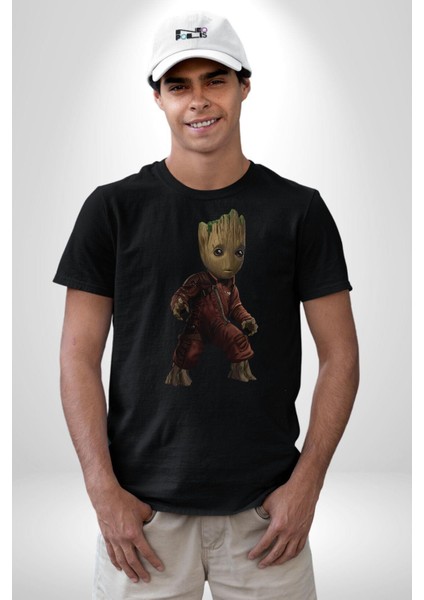 Bebek Groot Guardians Galaxy Kadın Erkek Unisex Siyah Organik Baskılı T-Shirt Penye Yüksek Kalite fırsatları