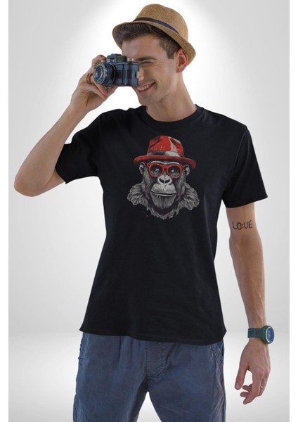 Kırmızı Şapkalı Gözlüklü Maymun Kadın Erkek Unisex Siyah Organik Baskılı T-Shirt Penye Yüksek Kalite fiyatları