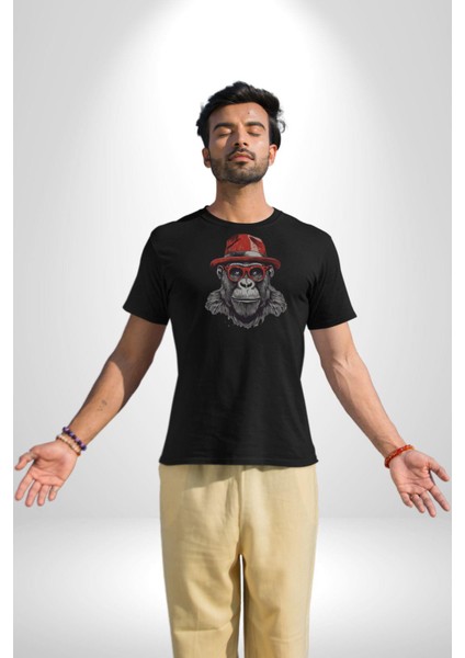 Kırmızı Şapkalı Gözlüklü Maymun Kadın Erkek Unisex Siyah Organik Baskılı T-Shirt Penye Yüksek Kalite modelleri
