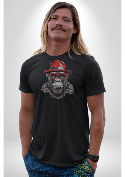 Kırmızı Şapkalı Gözlüklü Maymun Kadın Erkek Unisex Siyah Organik Baskılı T-Shirt Penye Yüksek Kalite indirimleri