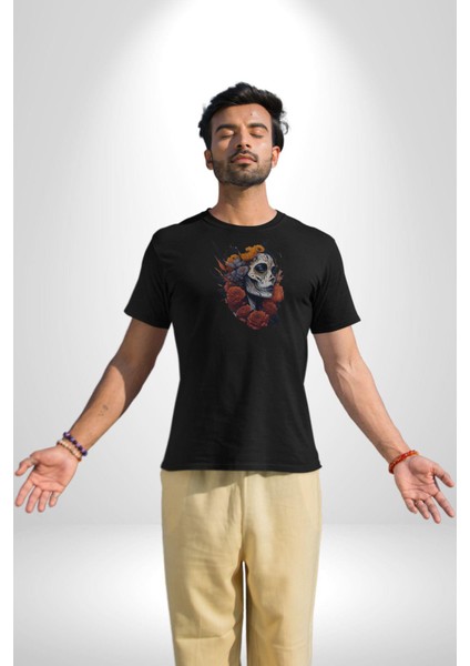 Maske Dövmeli Çiçekli Kız Kadın Erkek Unisex Siyah Organik Baskılı T-Shirt Penye Yüksek Kalite