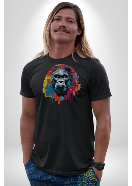 Renkli Maymun Goril Kadın Erkek Unisex Siyah Organik Baskılı T-Shirt Penye Yüksek Kalite