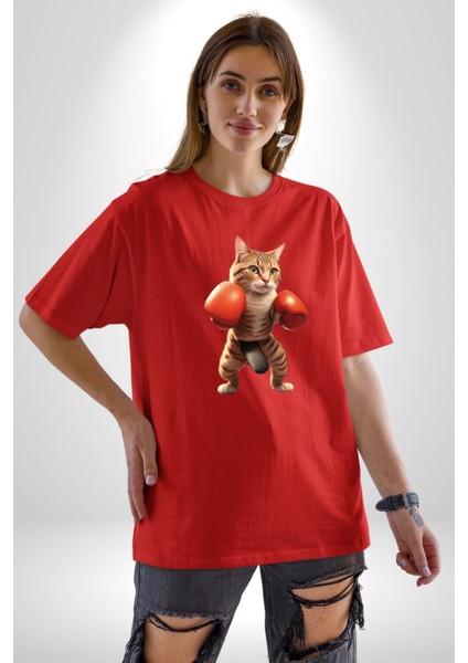 Boks Yapan Kedi Pamuklu Bisiklet Yaka Kadın Erkek Oversize Boyfriend Dijital Baskılı Kırmızı T-Shirt