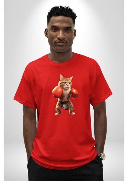 Boks Yapan Kedi Pamuklu Bisiklet Yaka Kadın Erkek Oversize Boyfriend Dijital Baskılı Kırmızı T-Shirt fırsatları