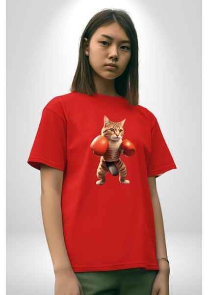 Boks Yapan Kedi Pamuklu Bisiklet Yaka Kadın Erkek Oversize Boyfriend Dijital Baskılı Kırmızı T-Shirt indirimleri
