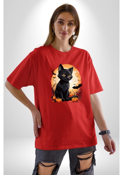 Cadılar Bayramı Kedi Pamuklu Bisiklet Yaka Kadın Erkek Oversize Boyfriend Dijital Baskılı Kırmızı T-Shirt