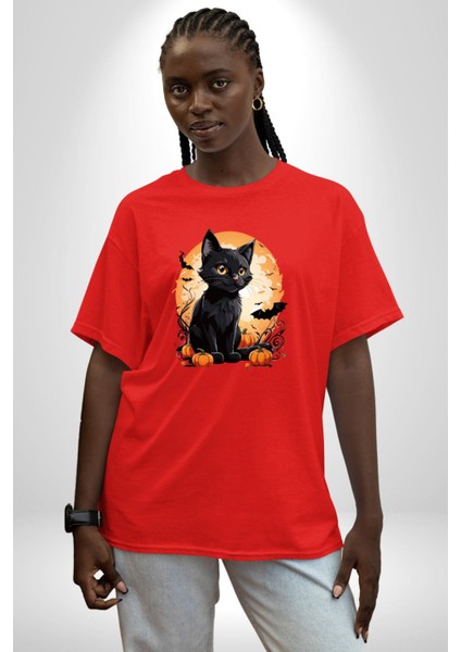 Cadılar Bayramı Kedi Pamuklu Bisiklet Yaka Kadın Erkek Oversize Boyfriend Dijital Baskılı Kırmızı T-Shirt