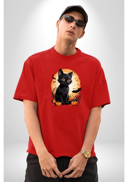 Cadılar Bayramı Kedi Pamuklu Bisiklet Yaka Kadın Erkek Oversize Boyfriend Dijital Baskılı Kırmızı T-Shirt