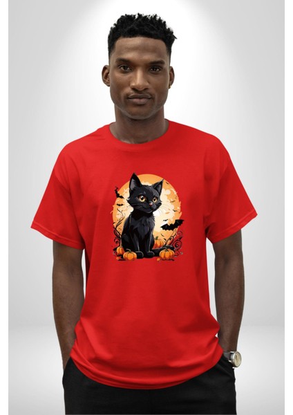 Cadılar Bayramı Kedi Pamuklu Bisiklet Yaka Kadın Erkek Oversize Boyfriend Dijital Baskılı Kırmızı T-Shirt