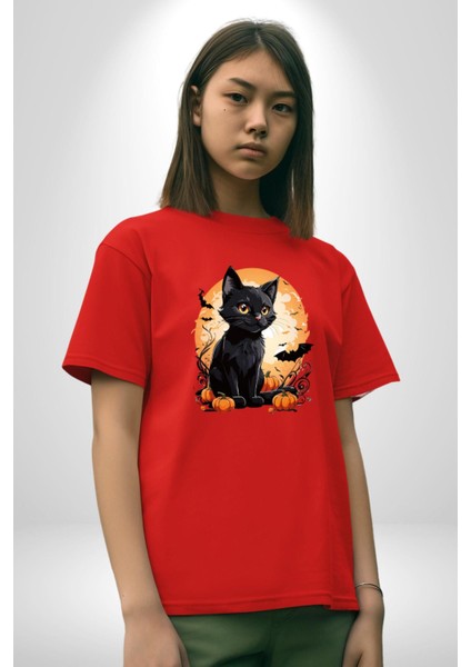 Cadılar Bayramı Kedi Pamuklu Bisiklet Yaka Kadın Erkek Oversize Boyfriend Dijital Baskılı Kırmızı T-Shirt