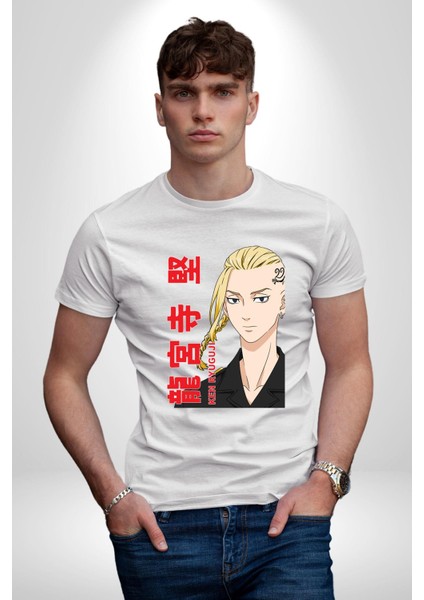 Ken Ryugujı Anime Tokyo Intikamcıları Kadın Erkek Unisex Beyaz Organik Baskılı T-Shirt Penye Yüksek Kalite