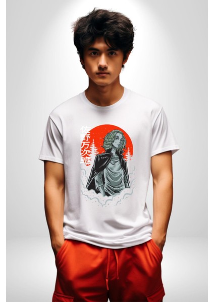 Tokyo Revengers Mikey Red Moon Kadın Erkek Unisex Beyaz Organik Baskılı T-Shirt Penye Yüksek Kalite