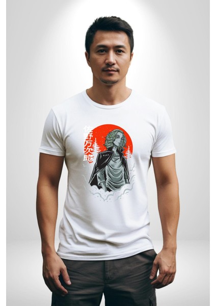 Tokyo Revengers Mikey Red Moon Kadın Erkek Unisex Beyaz Organik Baskılı T-Shirt Penye Yüksek Kalite indirimleri