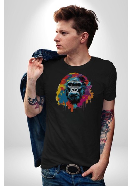 Renkli Maymun Goril Kadın Erkek Unisex Siyah Organik Baskılı T-Shirt Penye Yüksek Kalite modelleri