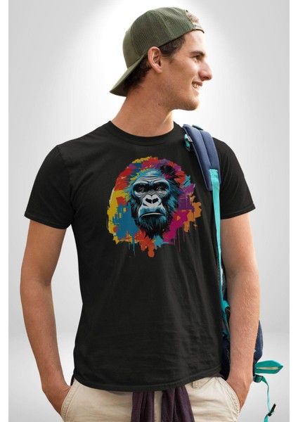 Renkli Maymun Goril Kadın Erkek Unisex Siyah Organik Baskılı T-Shirt Penye Yüksek Kalite fırsatları