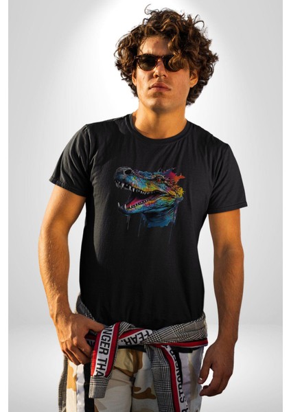 Timsah Renkli Kafası Kadın Erkek Unisex Siyah Organik Baskılı T-Shirt Penye Yüksek Kalite fiyatları