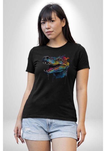 Timsah Renkli Kafası Kadın Erkek Unisex Siyah Organik Baskılı T-Shirt Penye Yüksek Kalite modelleri