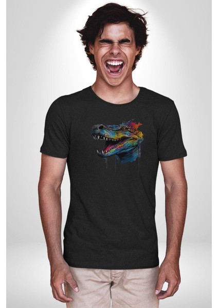 Timsah Renkli Kafası Kadın Erkek Unisex Siyah Organik Baskılı T-Shirt Penye Yüksek Kalite fırsatları