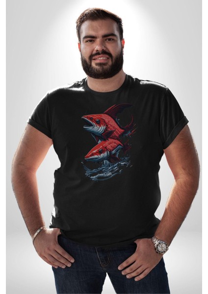 Kırmızı Japon Balığı Kadın Erkek Unisex Siyah Organik Baskılı T-Shirt Penye Yüksek Kalite