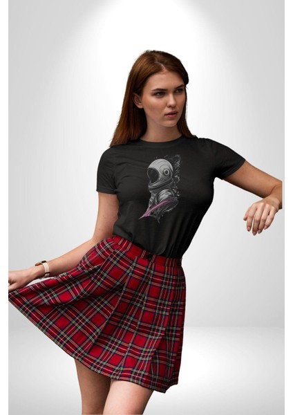 Astronot Kafası Kadın Erkek Unisex Siyah Organik Baskılı T-Shirt Penye Yüksek Kalite