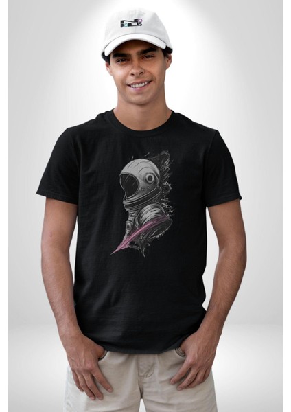 Astronot Kafası Kadın Erkek Unisex Siyah Organik Baskılı T-Shirt Penye Yüksek Kalite fırsatları