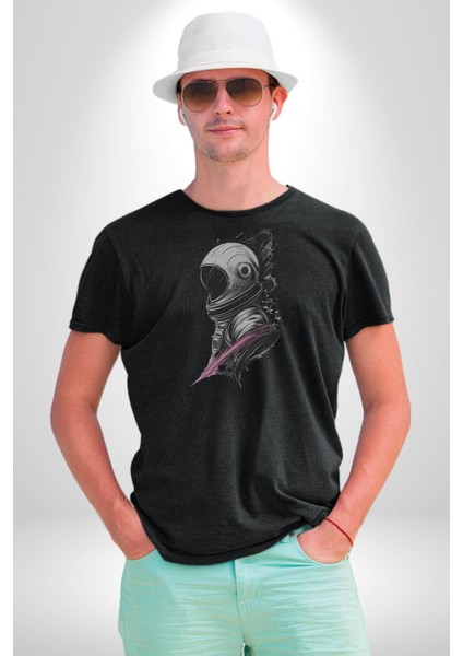 Astronot Kafası Kadın Erkek Unisex Siyah Organik Baskılı T-Shirt Penye Yüksek Kalite indirimleri