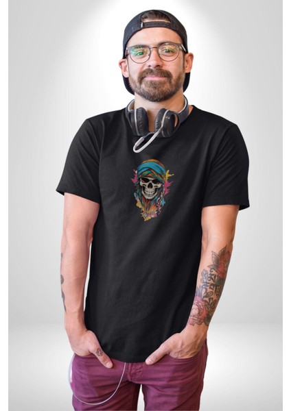 Bandaba Renkli Kurukafa Kadın Erkek Unisex Siyah Organik Baskılı T-Shirt Penye Yüksek Kalite