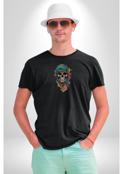Bandaba Renkli Kurukafa Kadın Erkek Unisex Siyah Organik Baskılı T-Shirt Penye Yüksek Kalite