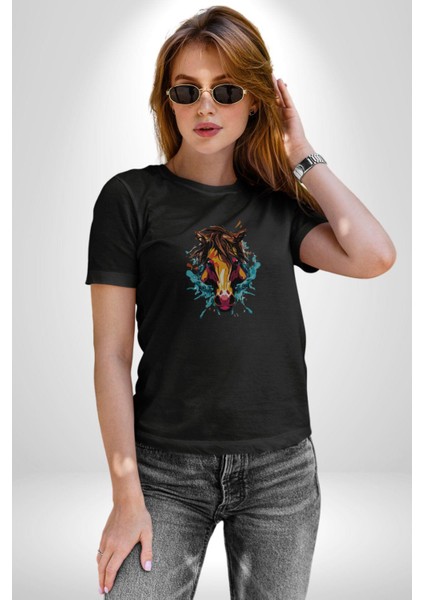 At Kafası Renkli Kadın Erkek Unisex Siyah Organik Baskılı T-Shirt Penye Yüksek Kalite fiyatları