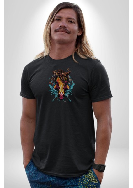 At Kafası Renkli Kadın Erkek Unisex Siyah Organik Baskılı T-Shirt Penye Yüksek Kalite modelleri