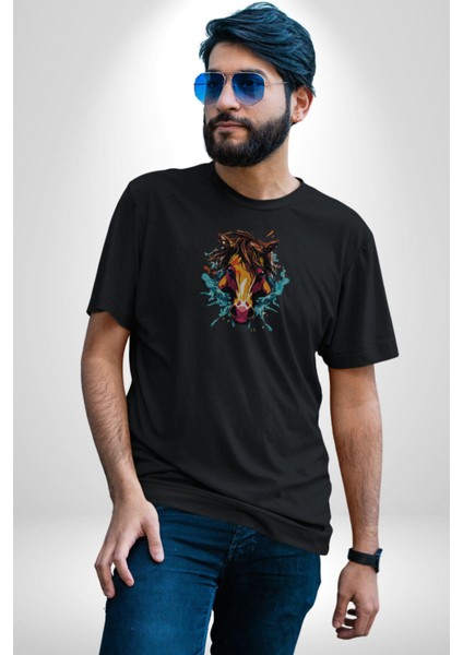 At Kafası Renkli Kadın Erkek Unisex Siyah Organik Baskılı T-Shirt Penye Yüksek Kalite fırsatları
