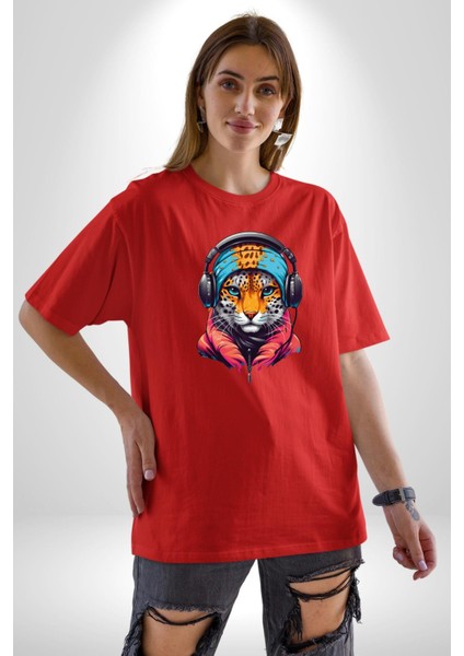 Kulaklık Kedi Leopar Bandana Pamuklu Bisiklet Yaka Kadın Erkek Oversize Boyfriend Dijital Baskılı Kırmızı T-Shirt
