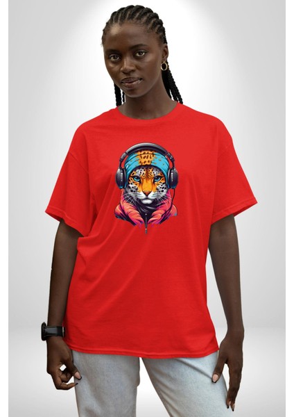 Kulaklık Kedi Leopar Bandana Pamuklu Bisiklet Yaka Kadın Erkek Oversize Boyfriend Dijital Baskılı Kırmızı T-Shirt fiyatları