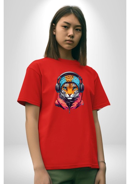 Kulaklık Kedi Leopar Bandana Pamuklu Bisiklet Yaka Kadın Erkek Oversize Boyfriend Dijital Baskılı Kırmızı T-Shirt indirimleri