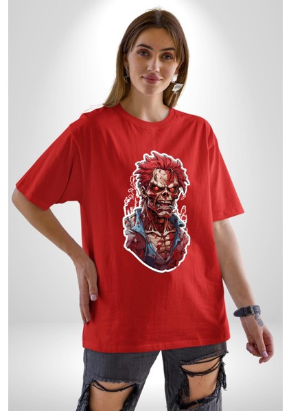 Zombi Kırmızı The Walking Dead Pamuklu Bisiklet Yaka Kadın Erkek Oversize Boyfriend Dijital Baskılı Kırmızı T-Shirt fiyatları