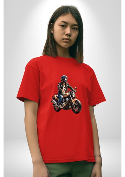 Kask Motorsiklet Dünya Turu Pamuklu Bisiklet Yaka Kadın Erkek Oversize Boyfriend Dijital Baskılı Kırmızı T-Shirt