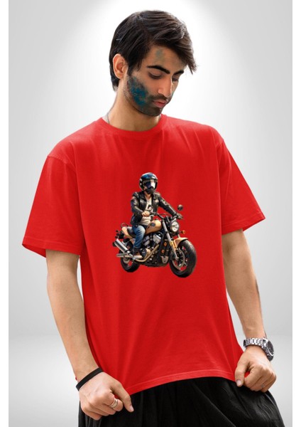 Kask Motorsiklet Dünya Turu Pamuklu Bisiklet Yaka Kadın Erkek Oversize Boyfriend Dijital Baskılı Kırmızı T-Shirt