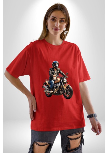 Kask Motorsiklet Dünya Turu Pamuklu Bisiklet Yaka Kadın Erkek Oversize Boyfriend Dijital Baskılı Kırmızı T-Shirt