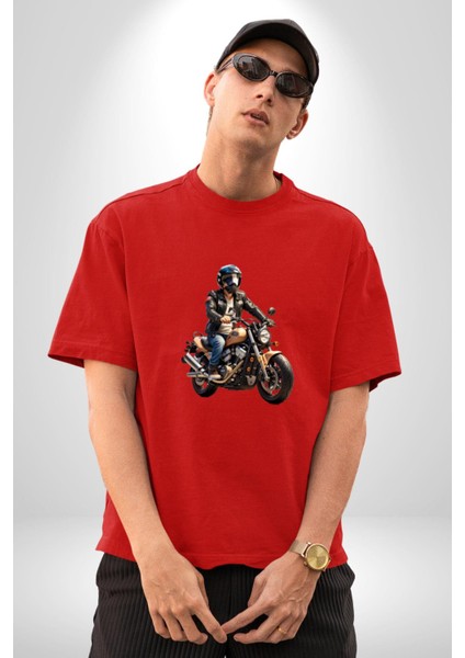 Kask Motorsiklet Dünya Turu Pamuklu Bisiklet Yaka Kadın Erkek Oversize Boyfriend Dijital Baskılı Kırmızı T-Shirt