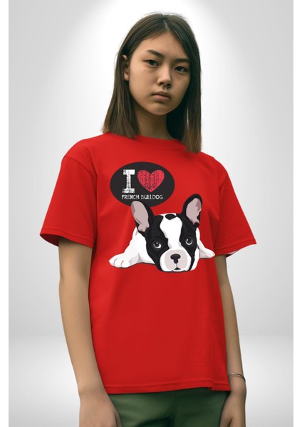 Seni Seviyorum Bulldog Pamuklu Bisiklet Yaka Kadın Erkek Oversize Boyfriend Dijital Baskılı Kırmızı T-Shirt