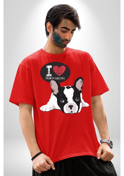 Seni Seviyorum Bulldog Pamuklu Bisiklet Yaka Kadın Erkek Oversize Boyfriend Dijital Baskılı Kırmızı T-Shirt