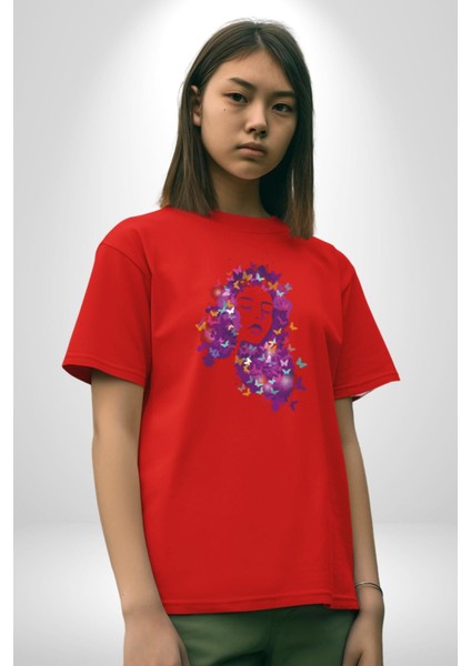 Kelebekler Kanser Günü ve Kadınlar Günü Pamuklu Bisiklet Yaka Kadın Erkek Oversize Boyfriend Dijital Baskılı Kırmızı T-Shirt