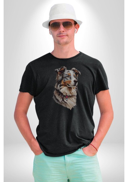 Australian Shepherd Köpek Kadın Erkek Unisex Siyah Organik Baskılı T-Shirt Penye Yüksek Kalite