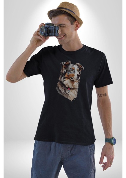 Australian Shepherd Köpek Kadın Erkek Unisex Siyah Organik Baskılı T-Shirt Penye Yüksek Kalite