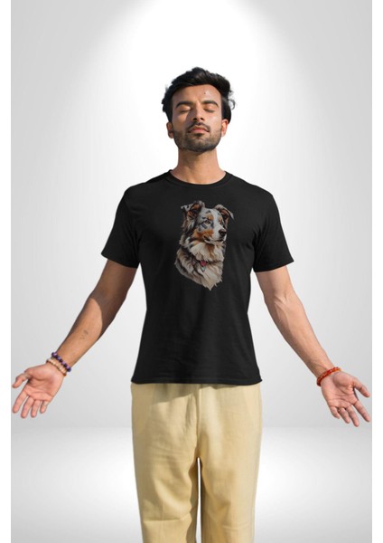 Australian Shepherd Köpek Kadın Erkek Unisex Siyah Organik Baskılı T-Shirt Penye Yüksek Kalite