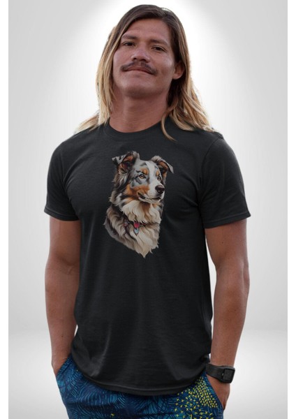 Australian Shepherd Köpek Kadın Erkek Unisex Siyah Organik Baskılı T-Shirt Penye Yüksek Kalite