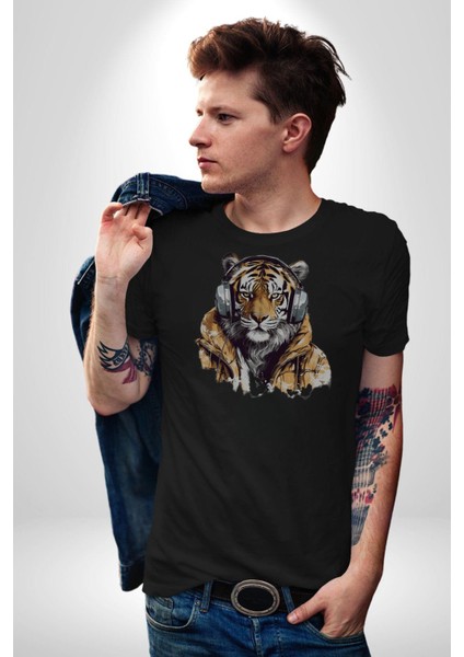 Müzik Dinleyen Kaplan Insan Mont Kadın Erkek Unisex Siyah Organik Baskılı T-Shirt Penye Yüksek Kalite modelleri