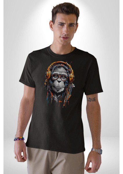 Kulaklık Maymun Müzik Dinliyor Kadın Erkek Unisex Siyah Organik Baskılı T-Shirt Penye Yüksek Kalite fiyatları