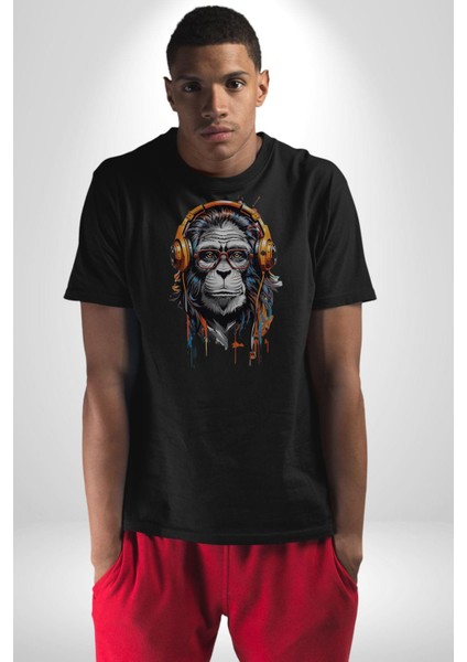 Kulaklık Maymun Müzik Dinliyor Kadın Erkek Unisex Siyah Organik Baskılı T-Shirt Penye Yüksek Kalite modelleri
